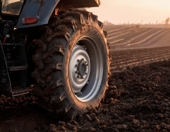 Agricultural tractor rear tire beside cultivated soil